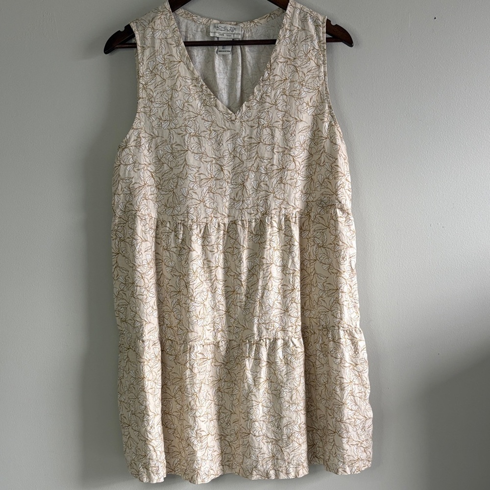 Rachel Zoe 100% Linen Dress Large Cream Floral Boho Mini Sleeveless